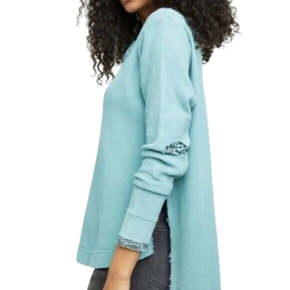 NWT Free People Aqua Henley Distressed Relaxed Thermal |  Coastal Boho Grunge M - Picture 5 of 16